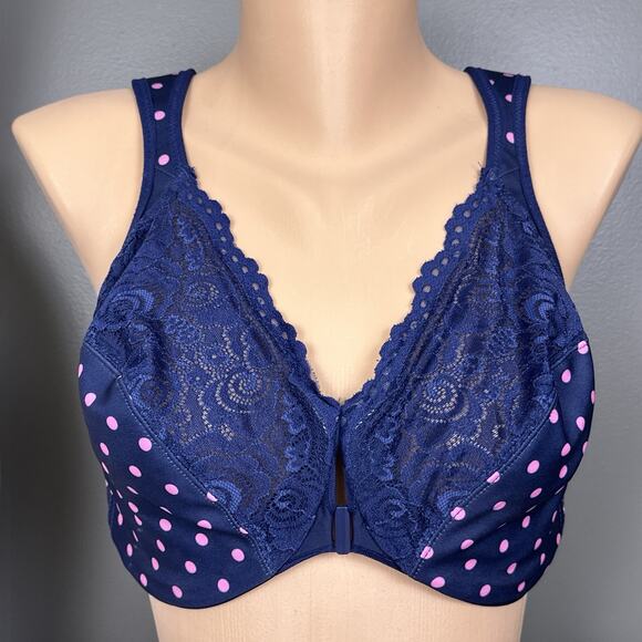 Glamorise Front-Closure WonderWire Bra Size 34H Blue Pink Dot 1245 Underwire - Picture 1 of 6